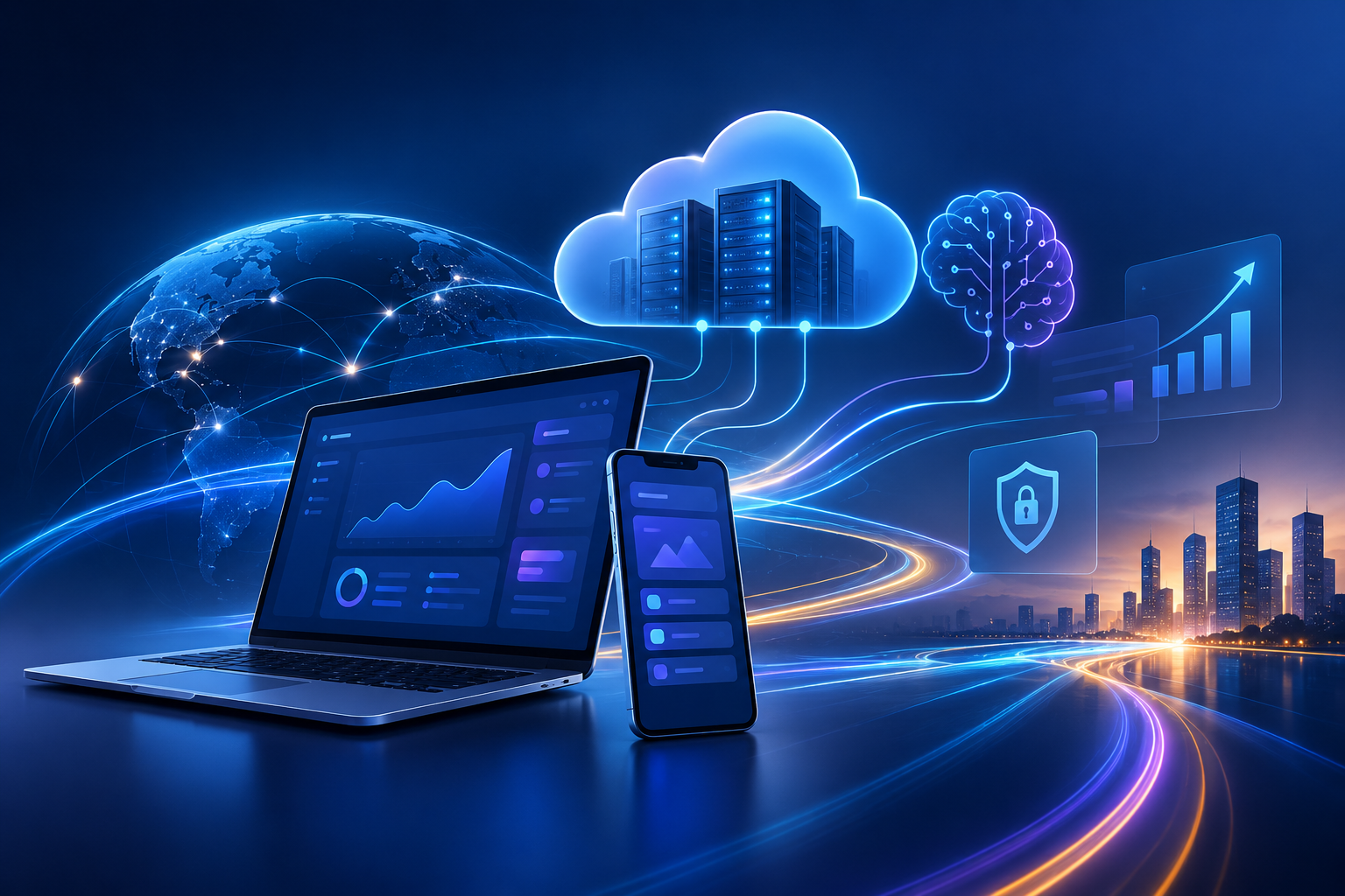 Digital technology platform with cloud, AI, analytics, connected devices and secure data flows