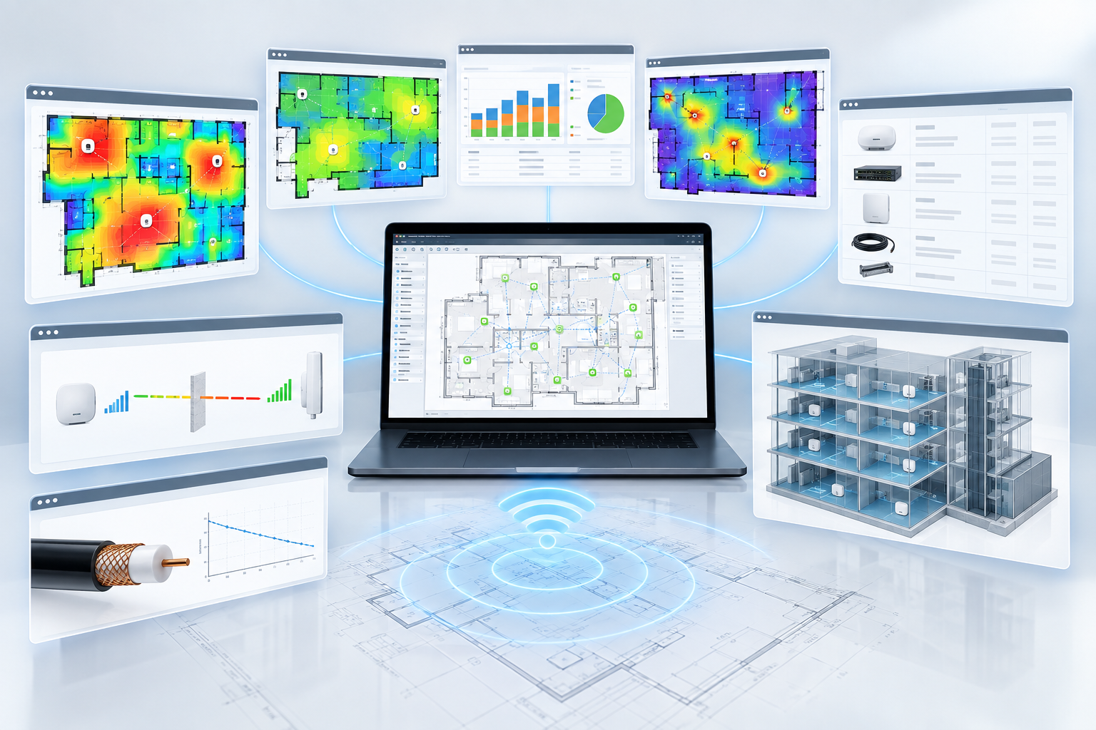 Indoor wireless planning system with coverage maps, building layouts, analytics and RF equipment views
